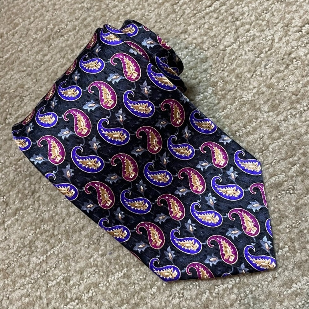 XMI for Nordstrom Black Purple Paisley Silk Tie Old Money USA 3.25"